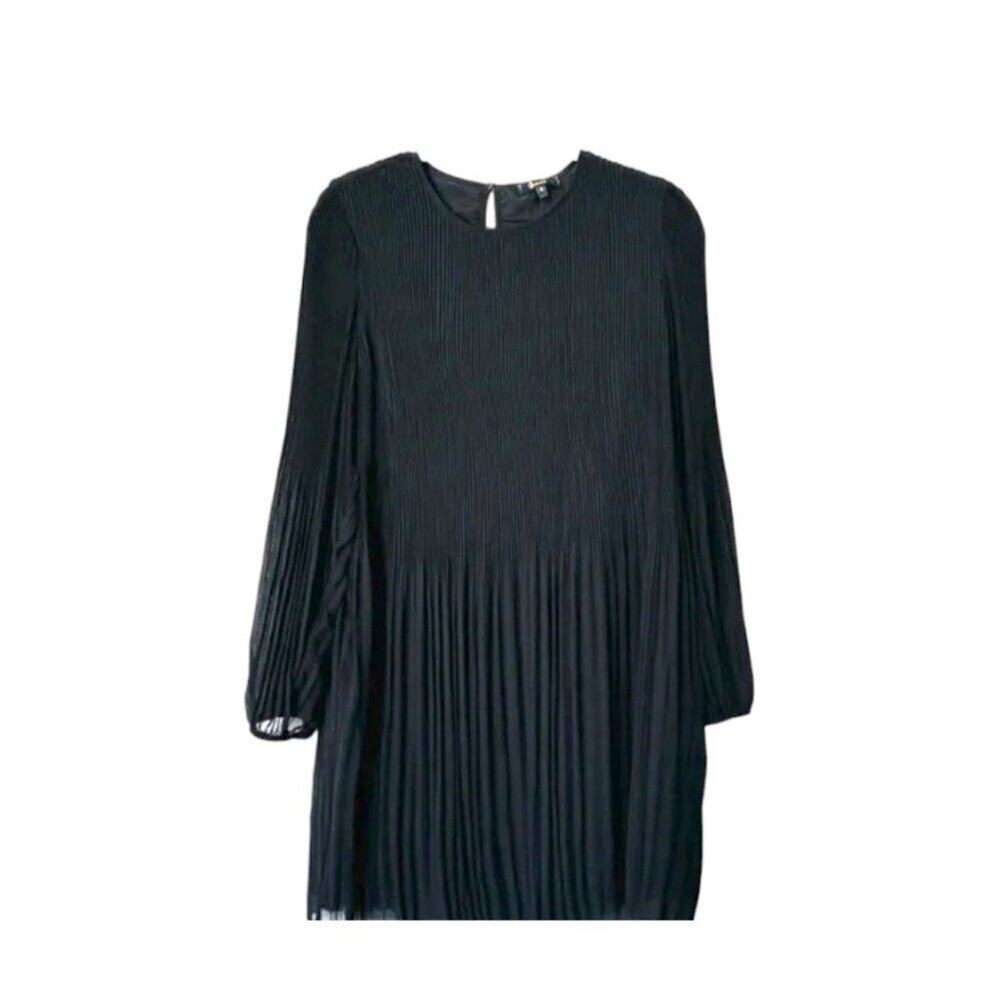 Quince Chiffon Pleated Long Sleeve Mini Dress in Black Size Small #10